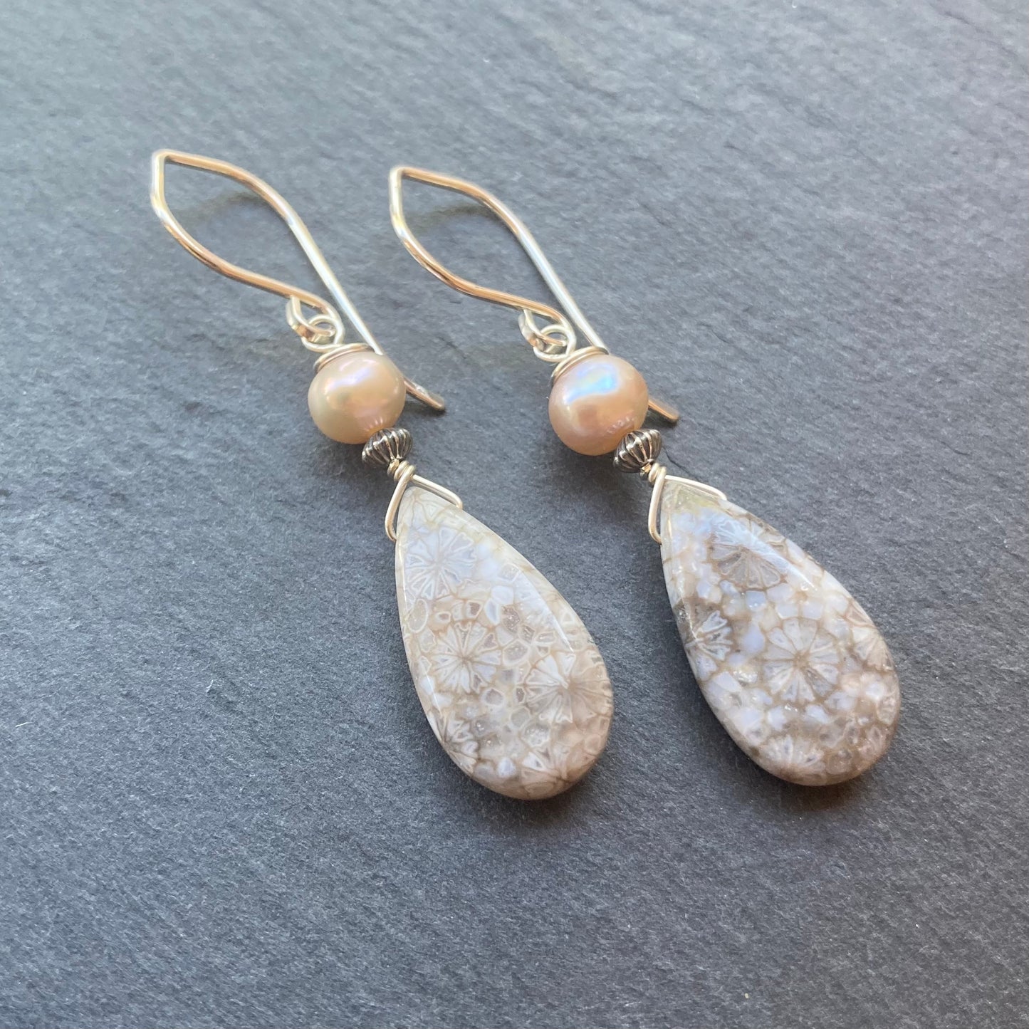 Fossil Coral, Mauve Pearl & Sterling Silver Earrings