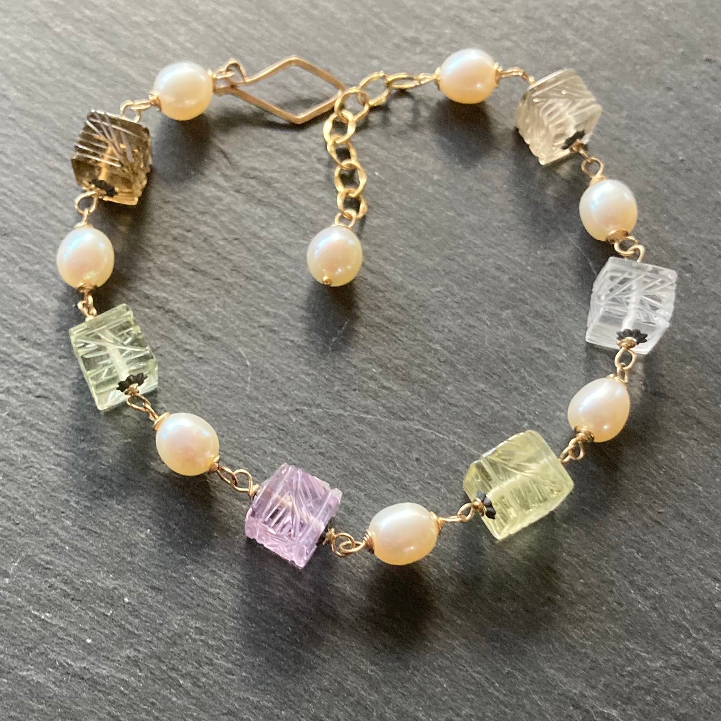 Multi Quartz, Freshwater Pearl & Mixed Metal Carved Lantern Bracelet