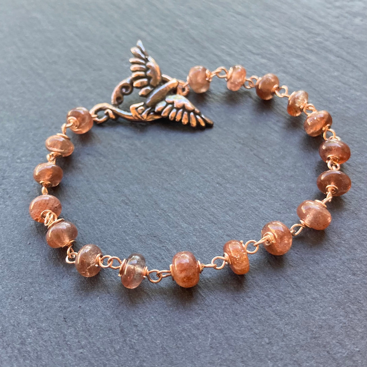 Sunstone, Rose Gold & Shibuichi Bird Toggle Bracelet