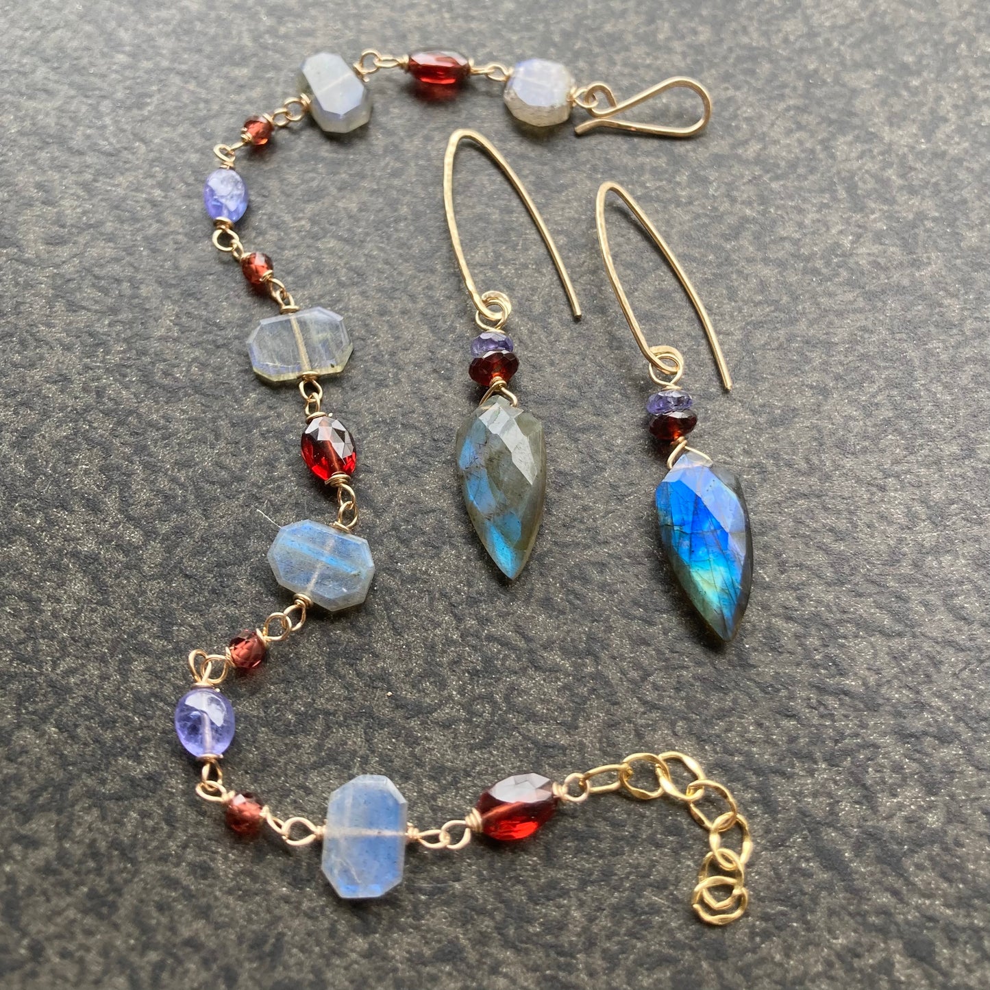 Labradorite, Mozambique Garnet, Tanzanite & 14k Gold Bracelet