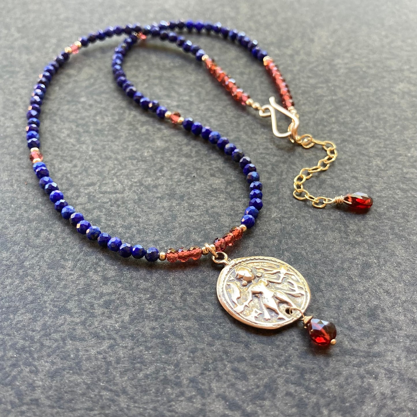 Lapis, Mozambique Garnet, Gold & Bronze Durga Warrior Goddess Necklace