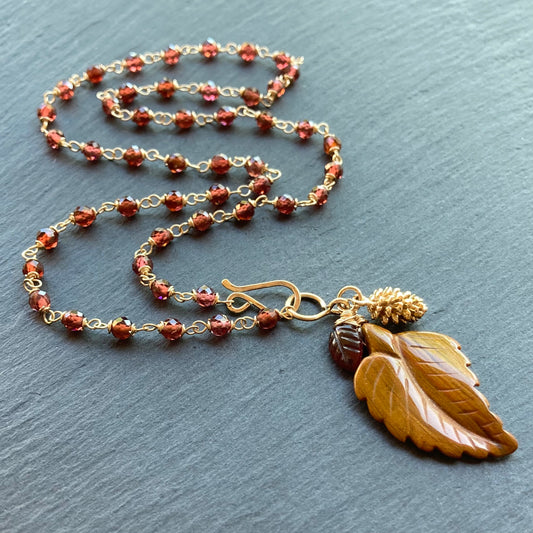 Malaya Garnet, Gold & Moroccan Agate Autumn Leaf Pendant Necklace