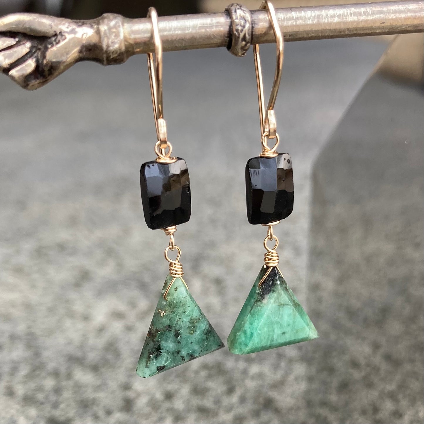 Natural Emerald, Black Spinel & Gold Earrings