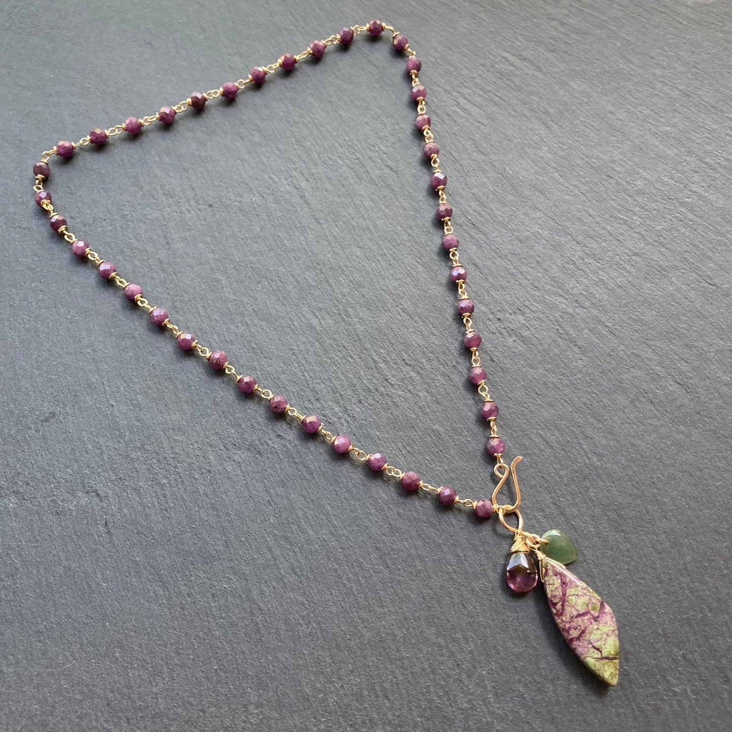 Ruby & Gold Atlantisite Stichtite Pendant Necklace
