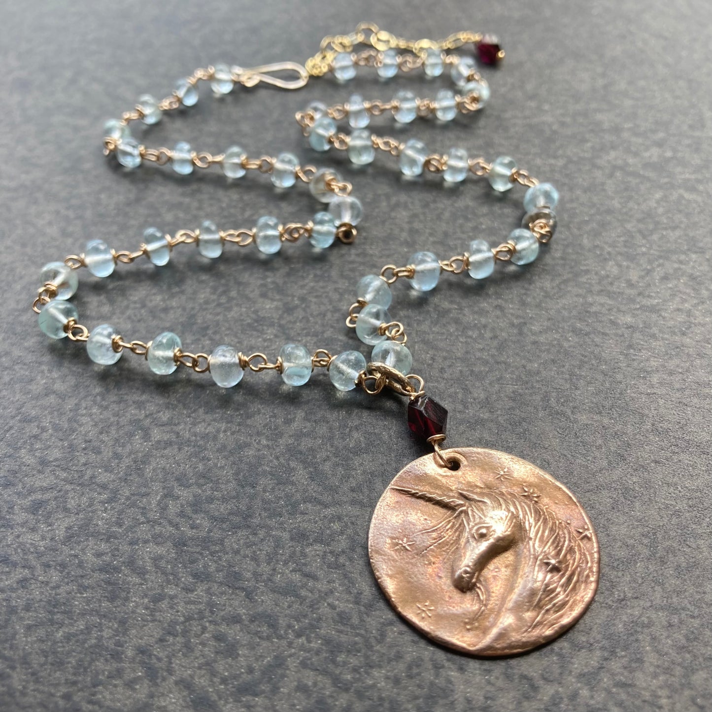 Aquamarine & Bronze Unicorn Coin Necklace