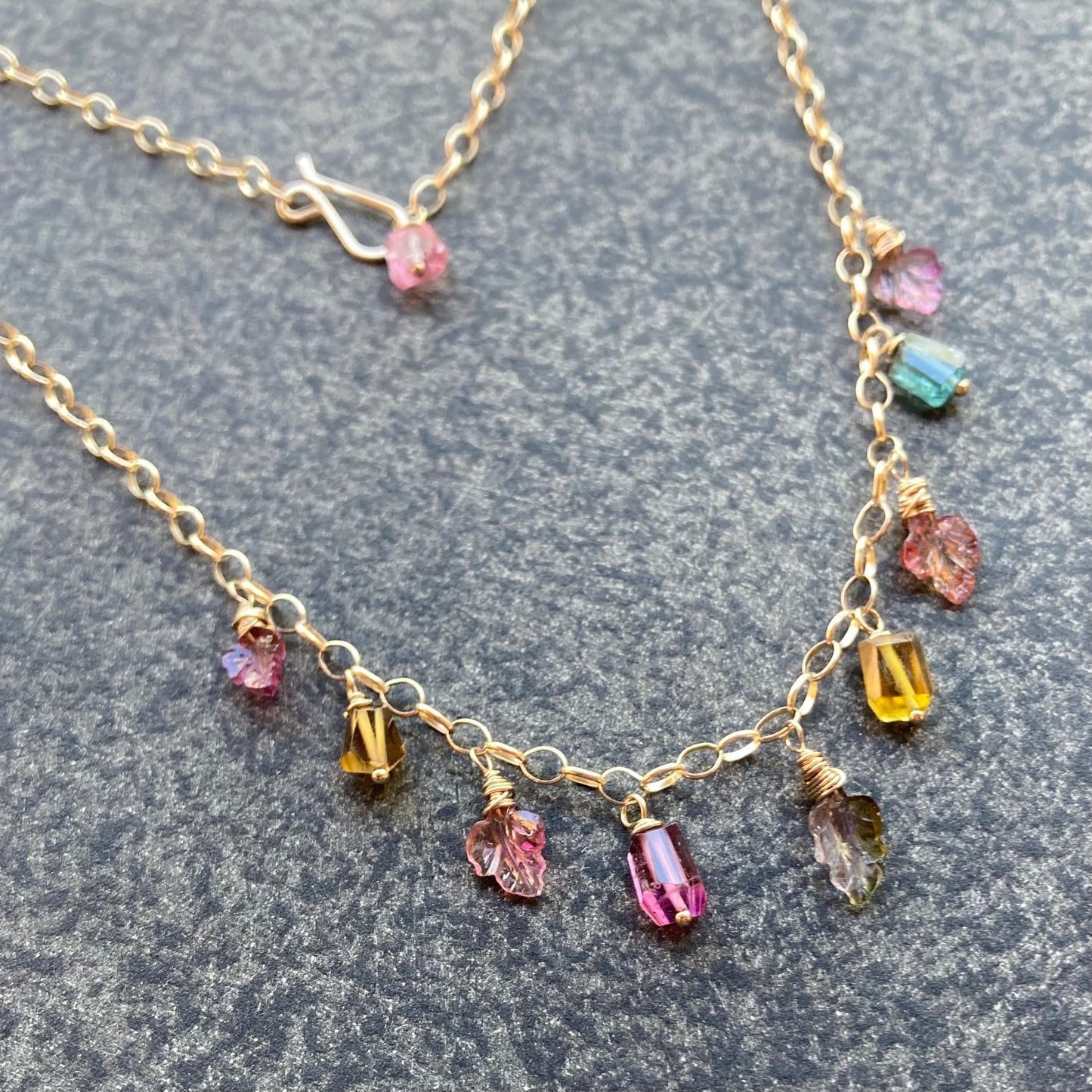 Multicolor Tourmaline & Gold Leaf Charm Choker