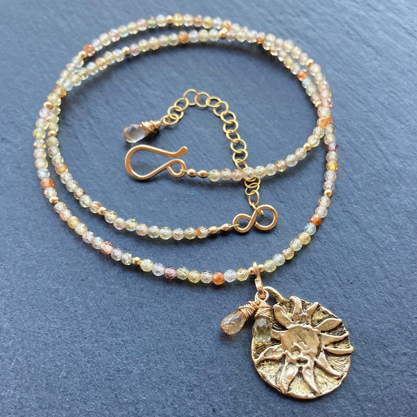 Natural Zircon, Gold & Bronze Sun Coin Choker