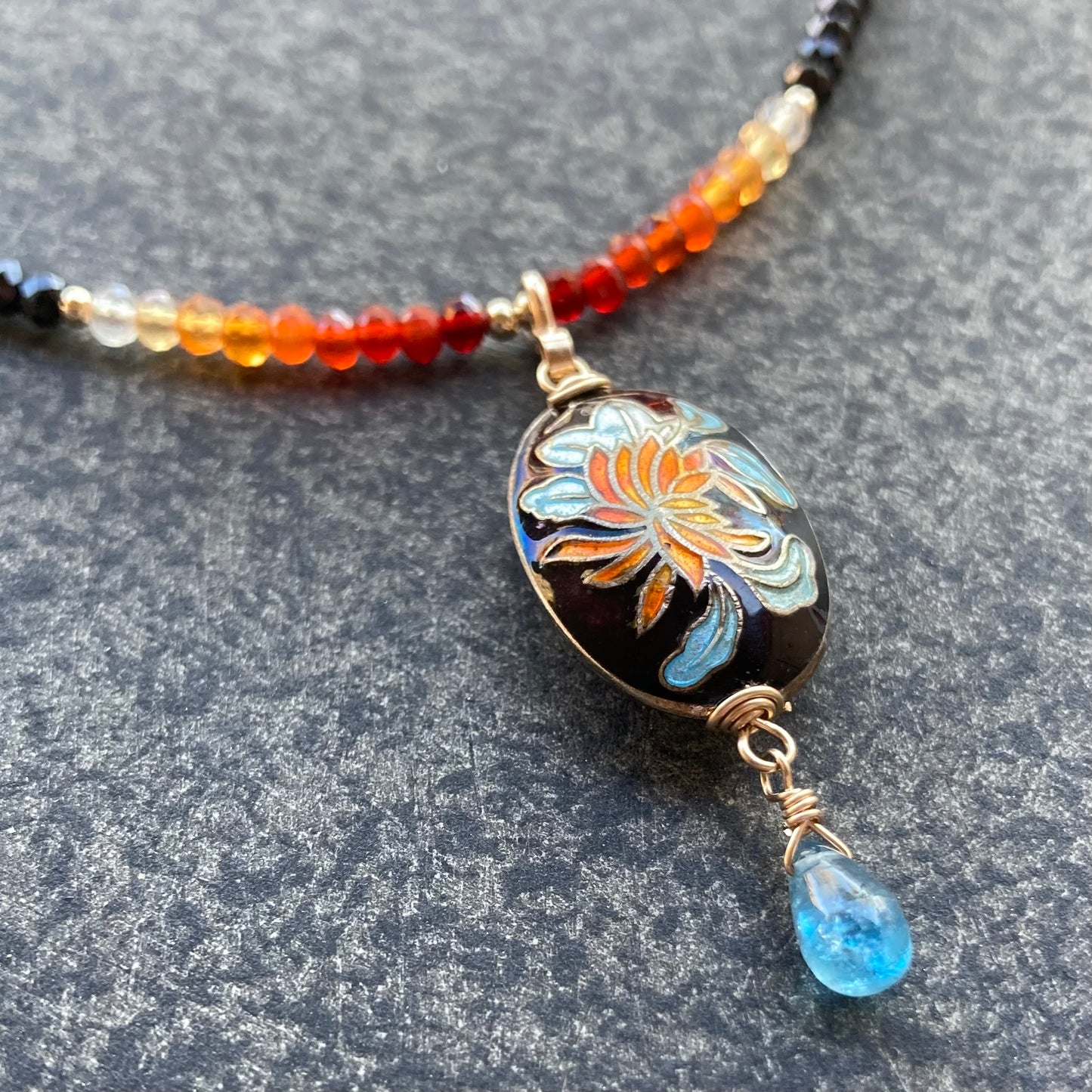 Mexican Fire Opal, Black Spinel & Vintage Cloisonné Tiger Lily Pendant Necklace