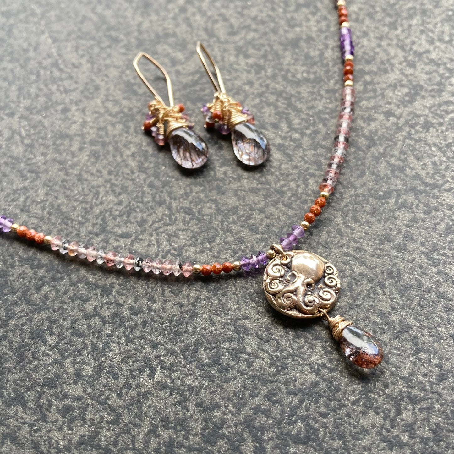 Cacoxenite, Amethyst & Mixed Metal Kraken Coin Necklace