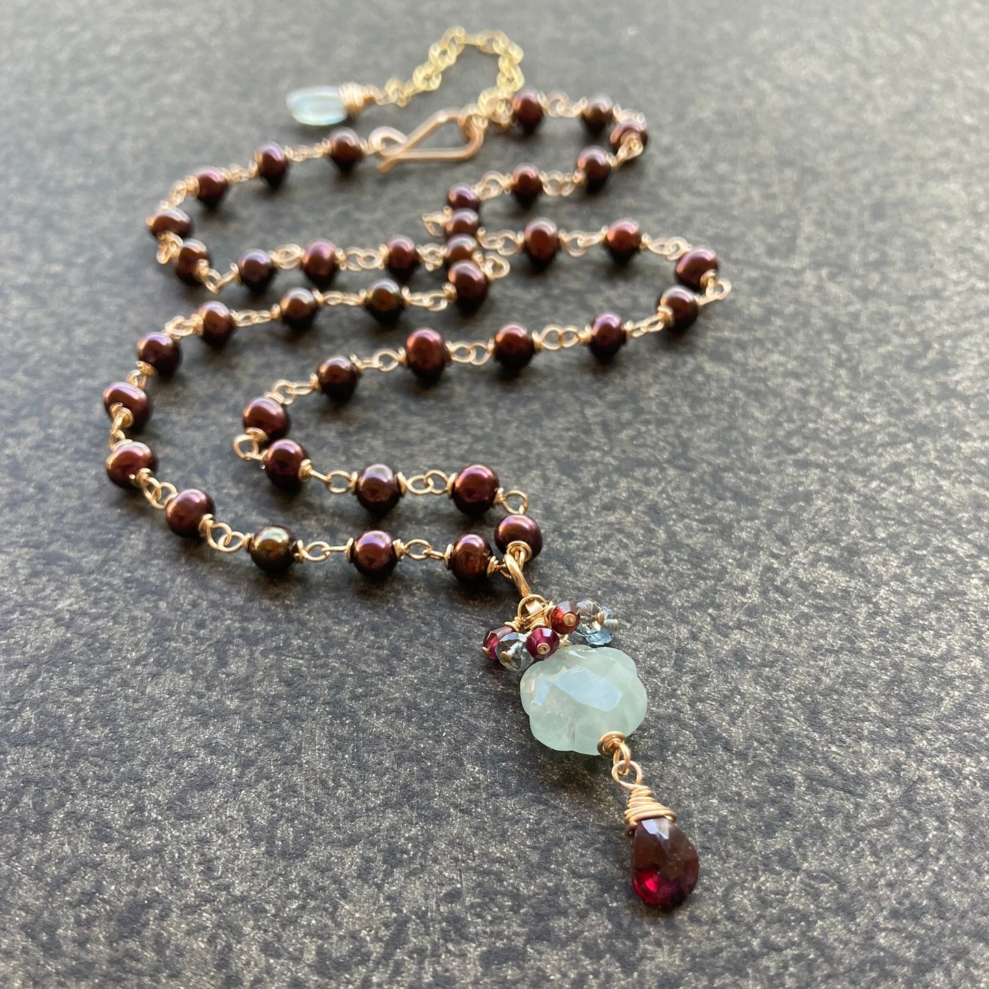 Aquamarine, Cranberry Freshwater Pearl, Rhodolite Garnet & Gold Flower Drop Pendant Necklace