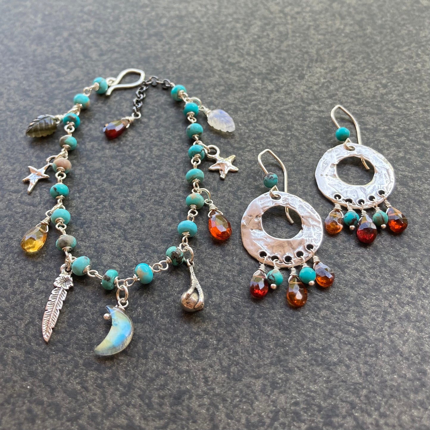 Turquoise, Tundra Sapphire & Sterling Silver Fringe Hoops