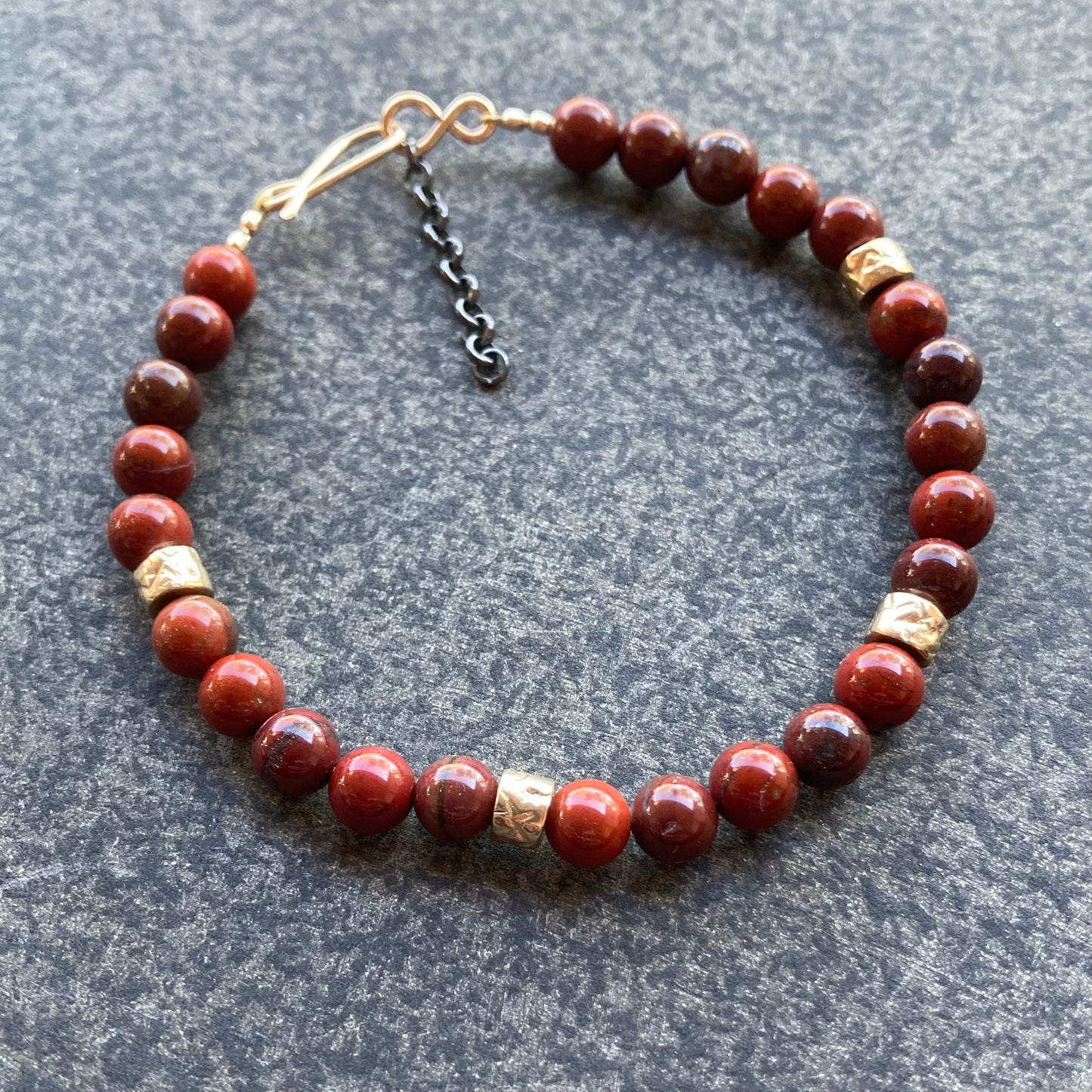 Men’s/Unisex Apple Jasper & Artisan Bronze Bead Mixed Metal Bracelet