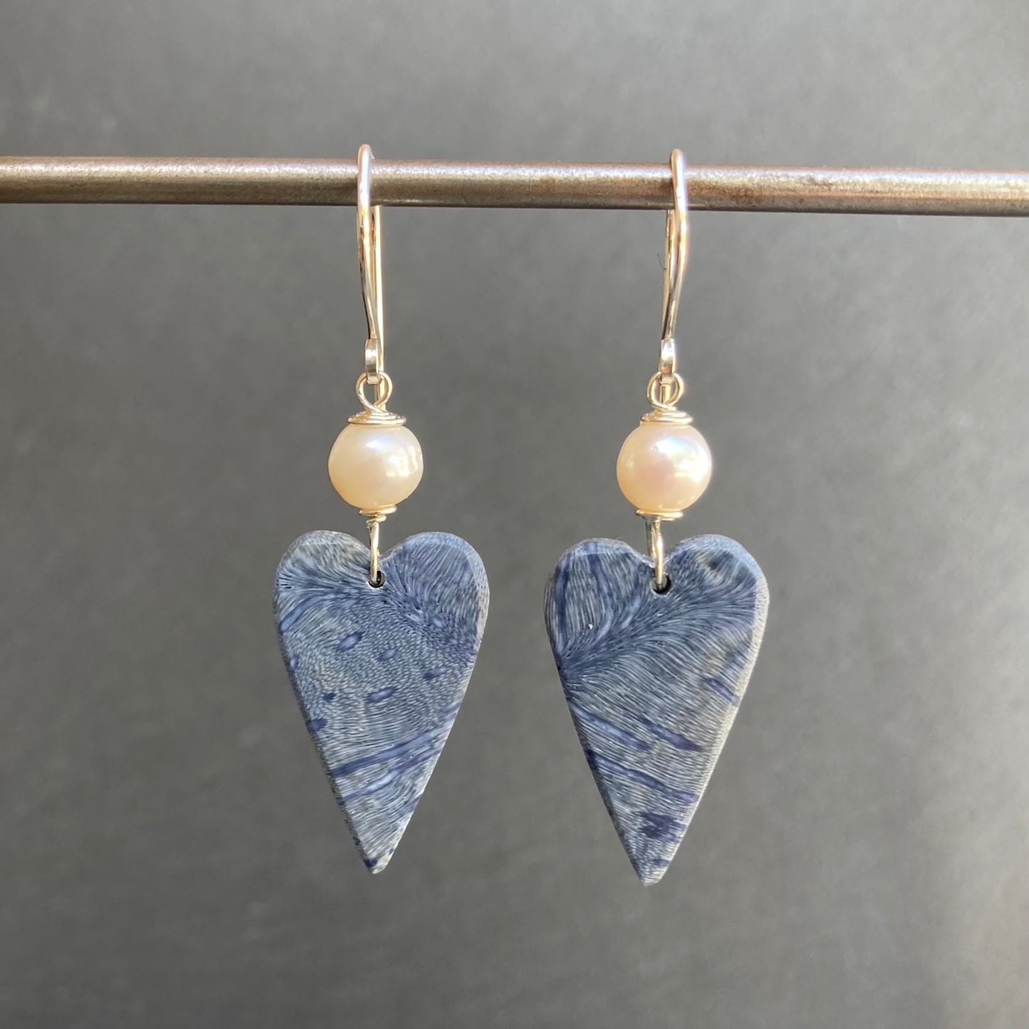 Freshwater Pearl, Sterling Silver & Blue Coral Heart Earrings