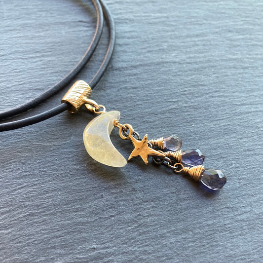 Golden Rutilated Quartz, Iolite & Mixed Metal Autumn Moon Leather Charm Choker