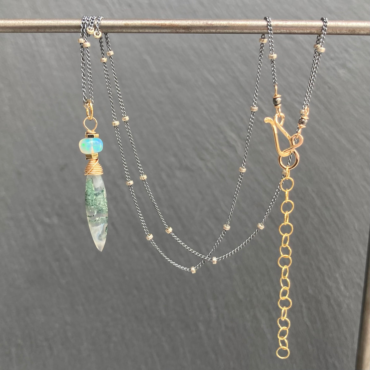 Moss Agate, Ethiopian Opal & Mixed Metal Pendant Necklace
