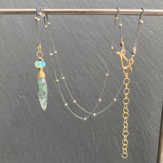 Moss Agate, Ethiopian Opal & Mixed Metal Pendant Necklace