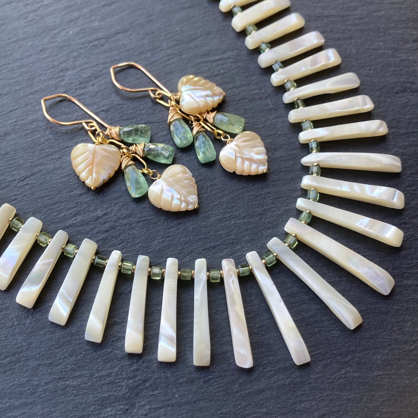 Mother of Pearl, Green Kyanite & Gold Palm Heart Earrings