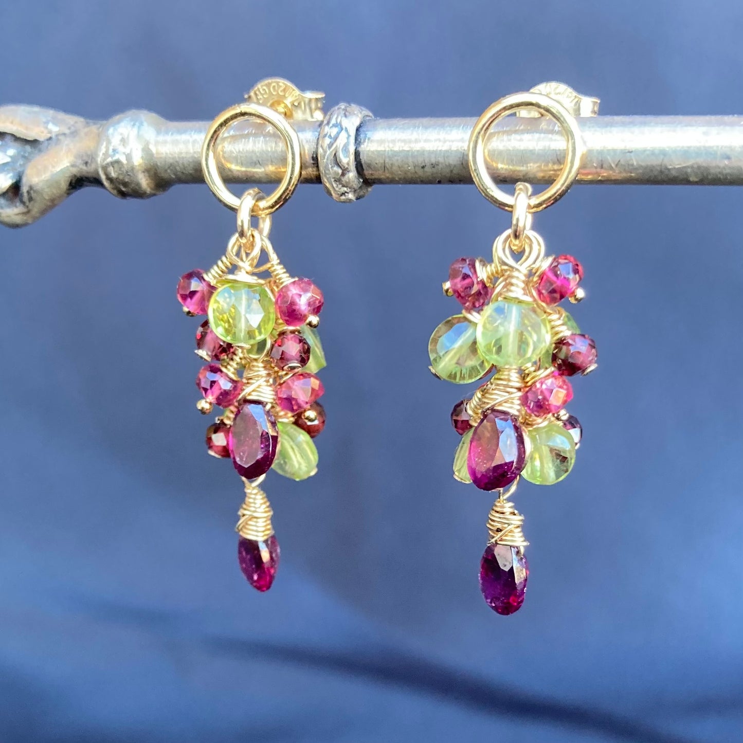 Peridot, Rhodolite, Rubelite & Gold Cascade Studs