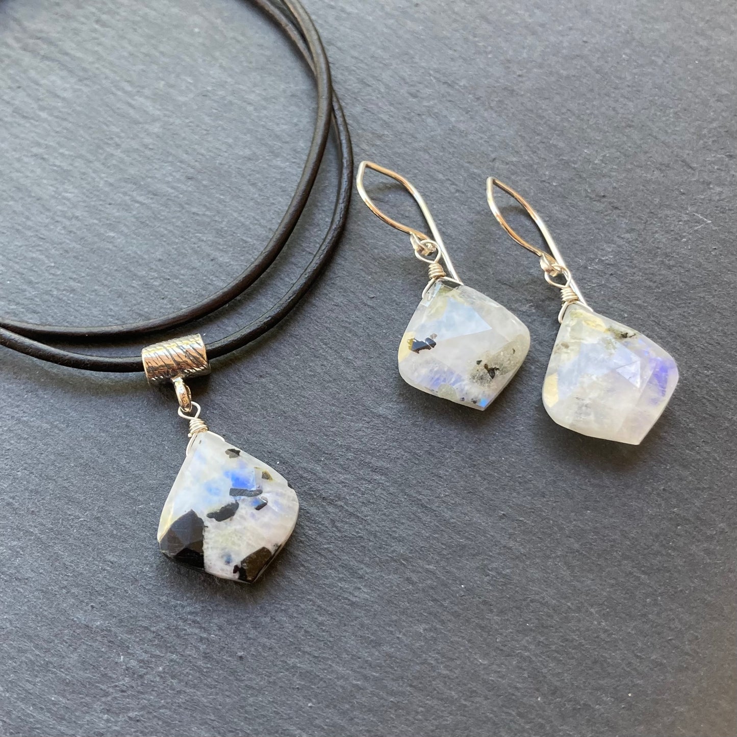 Tourmalinated Rainbow Moonstone & Sterling Silver Earrings