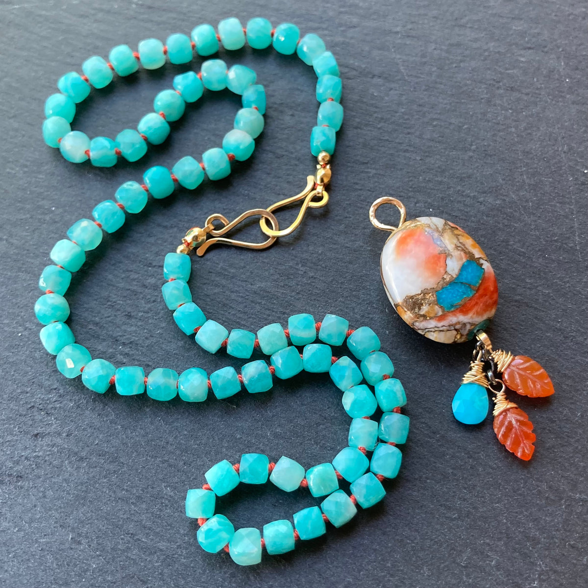 Amazonite Hand Knotted Coral Silk Necklace with Removable Kingman Turquoise & Spiny Oyster Pendant