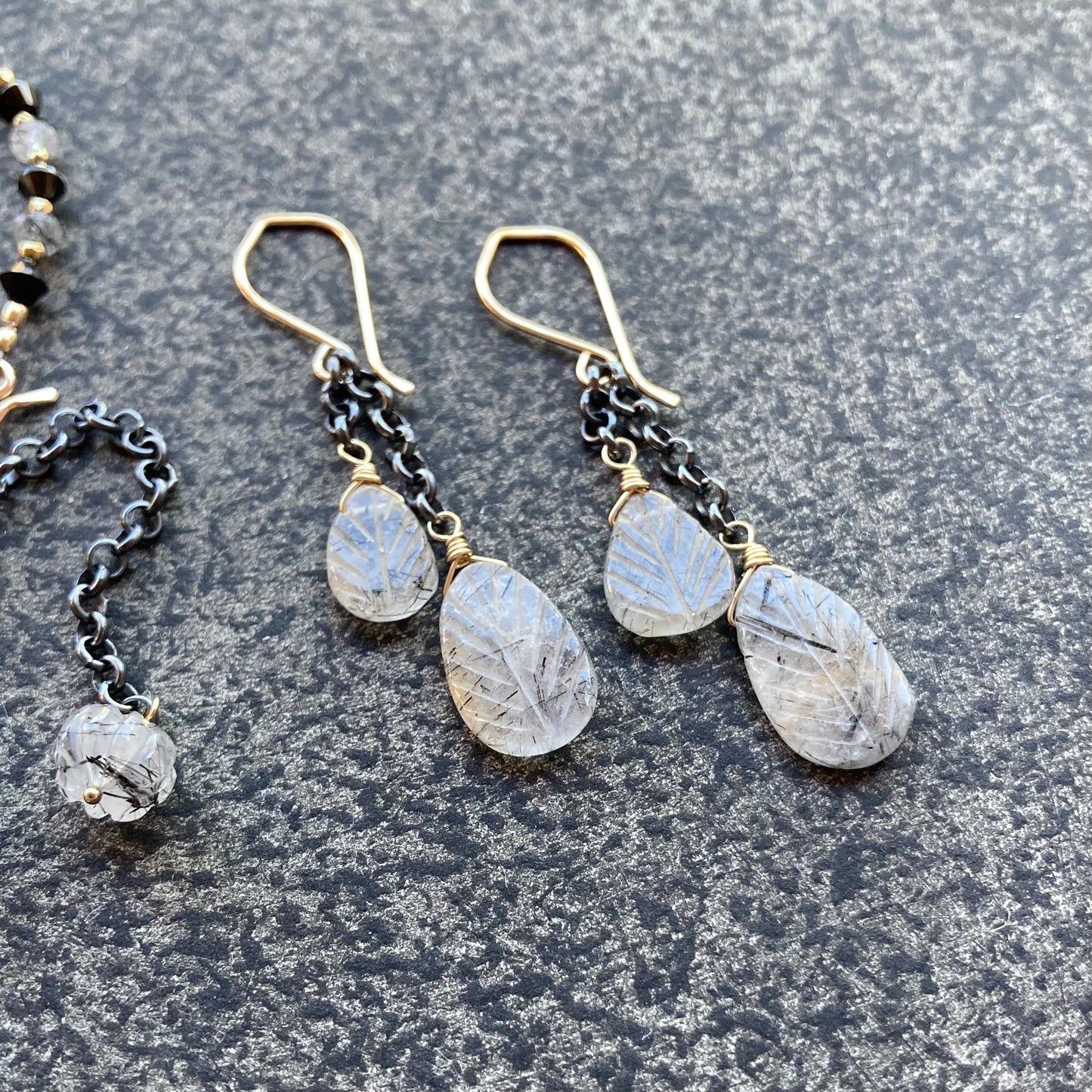 Black Rutilated Quartz & Mixed Metal Tassel Earrings