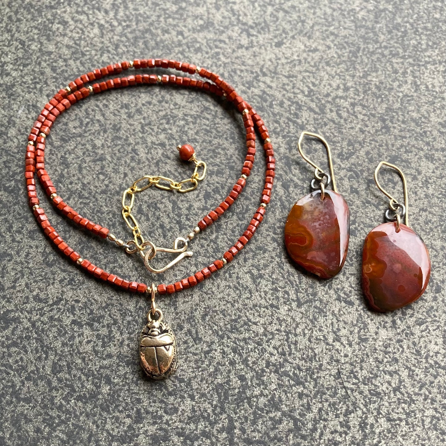 Red Jasper, Gold & Bronze Scarab Pendant Choker