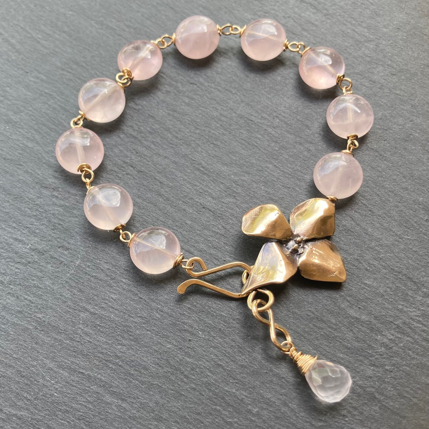 Rose Quartz, Gold & Bronze Evening Primrose Bracelet