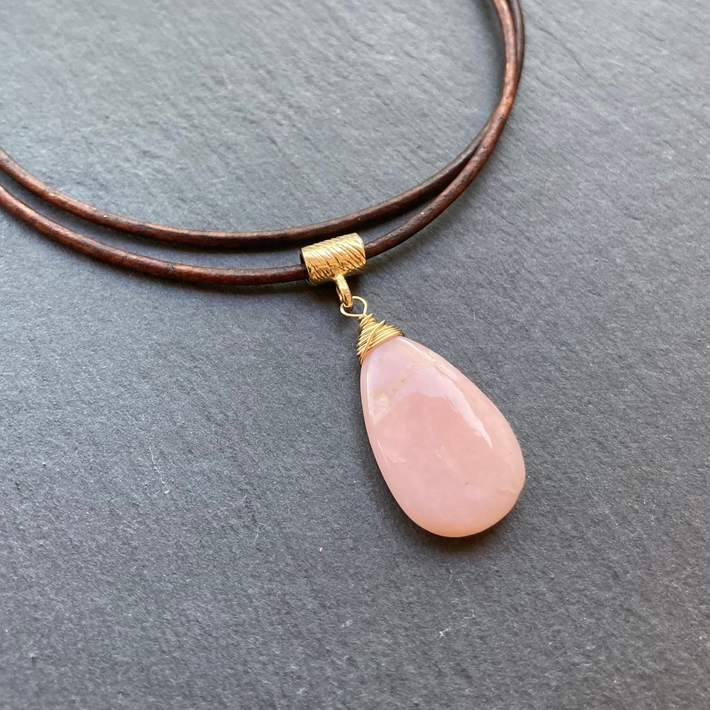 Pink Peruvian Opal & Bronze Leather Choker