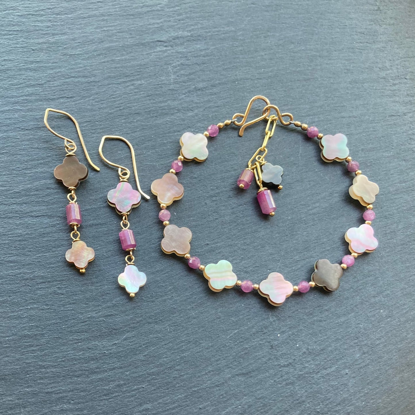 Black Mother of Pearl, Ruby & Gold Earrings