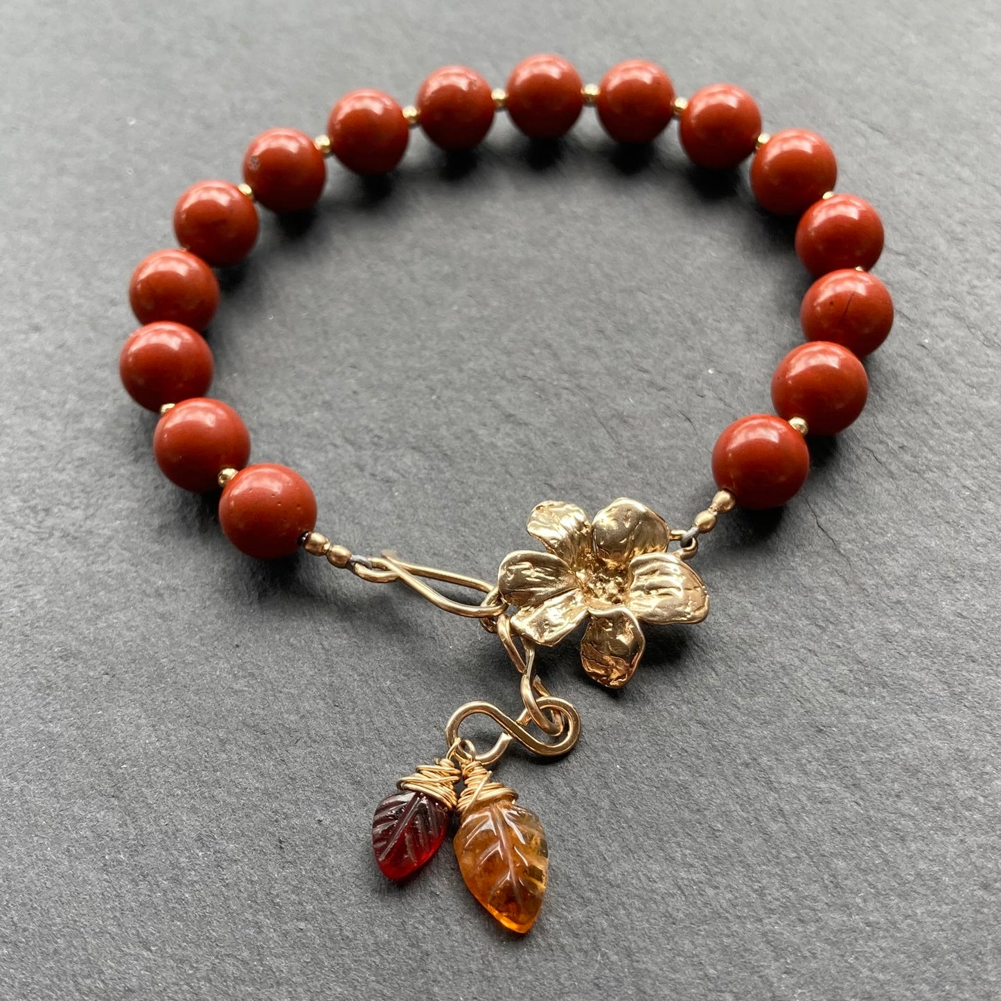 Red Jasper, Gold & Bronze Flower Link Charm Bracelet