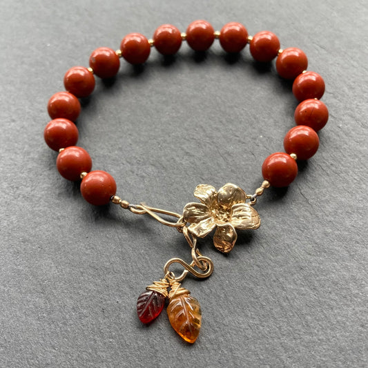 Red Jasper, Gold & Bronze Flower Link Charm Bracelet