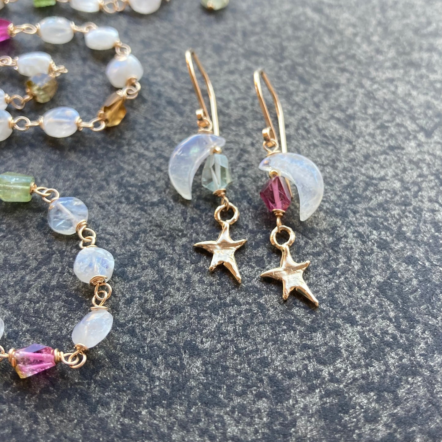 Rainbow Moonstone, Tourmaline, Gold & Bronze Falling Star Earrings