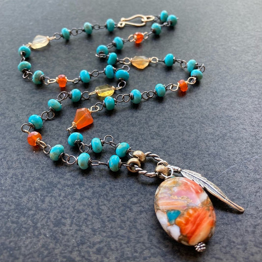 Kingman Turquoise, Fire Opal & Mixed Metal Feather Charm Necklace