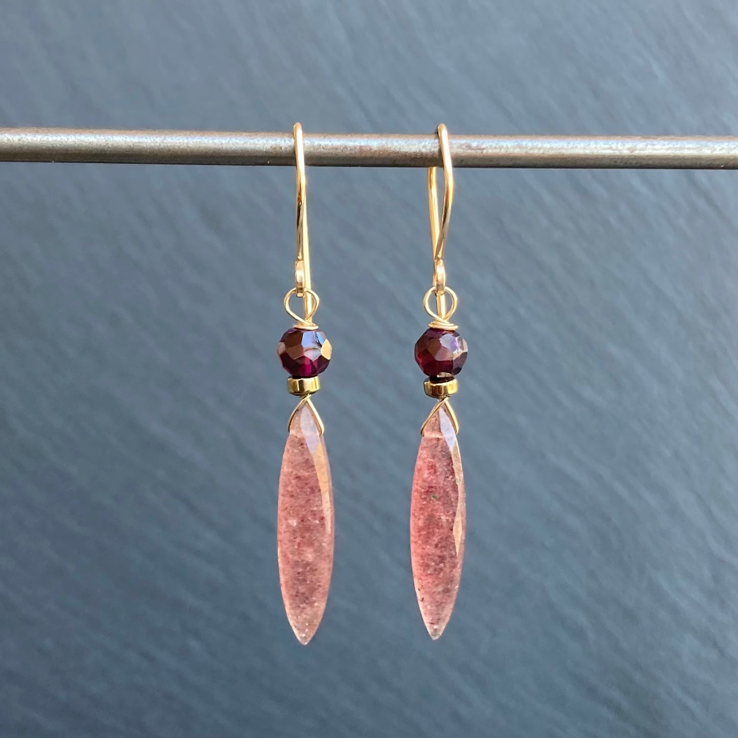 Strawberry Quartz, Rhodolite Garnet & Gold Earrings