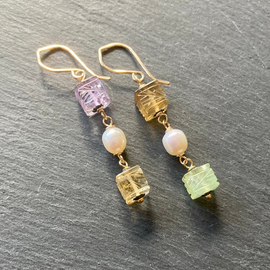 Multi Quartz, Freshwater Pearl & Mixed Metal Carved Lantern Earrings