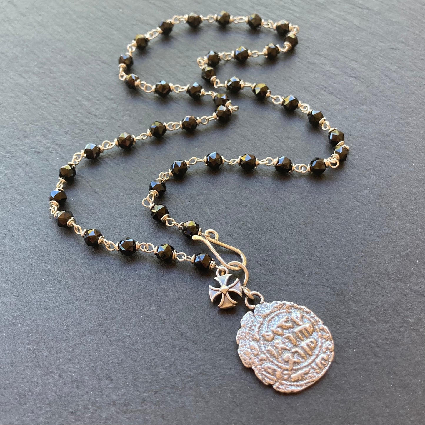 Black Spinel & Sterling Silver Medieval Coin Necklace