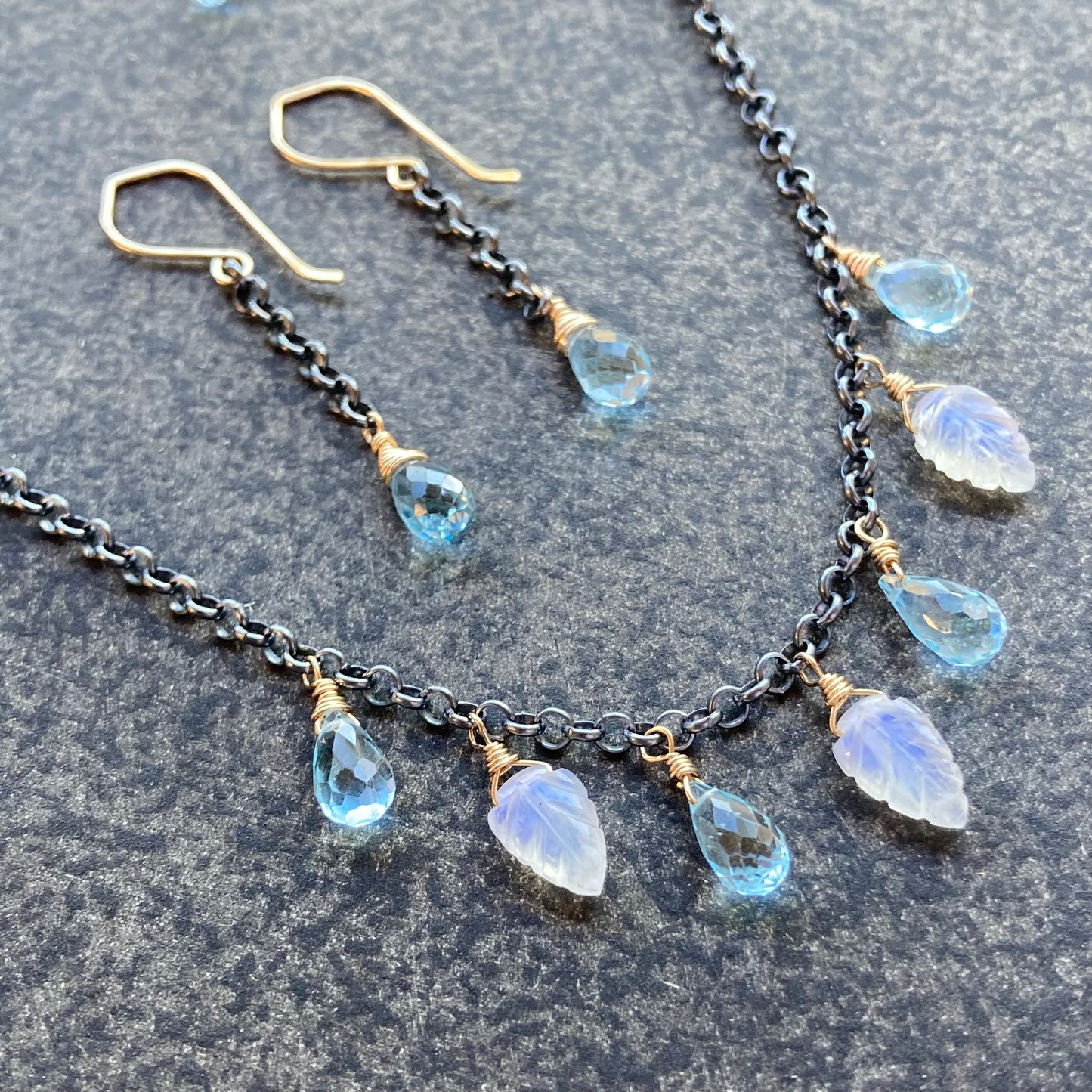 Blue Topaz, Rainbow Moonstone & Mixed Metal Leaf Charm Choker