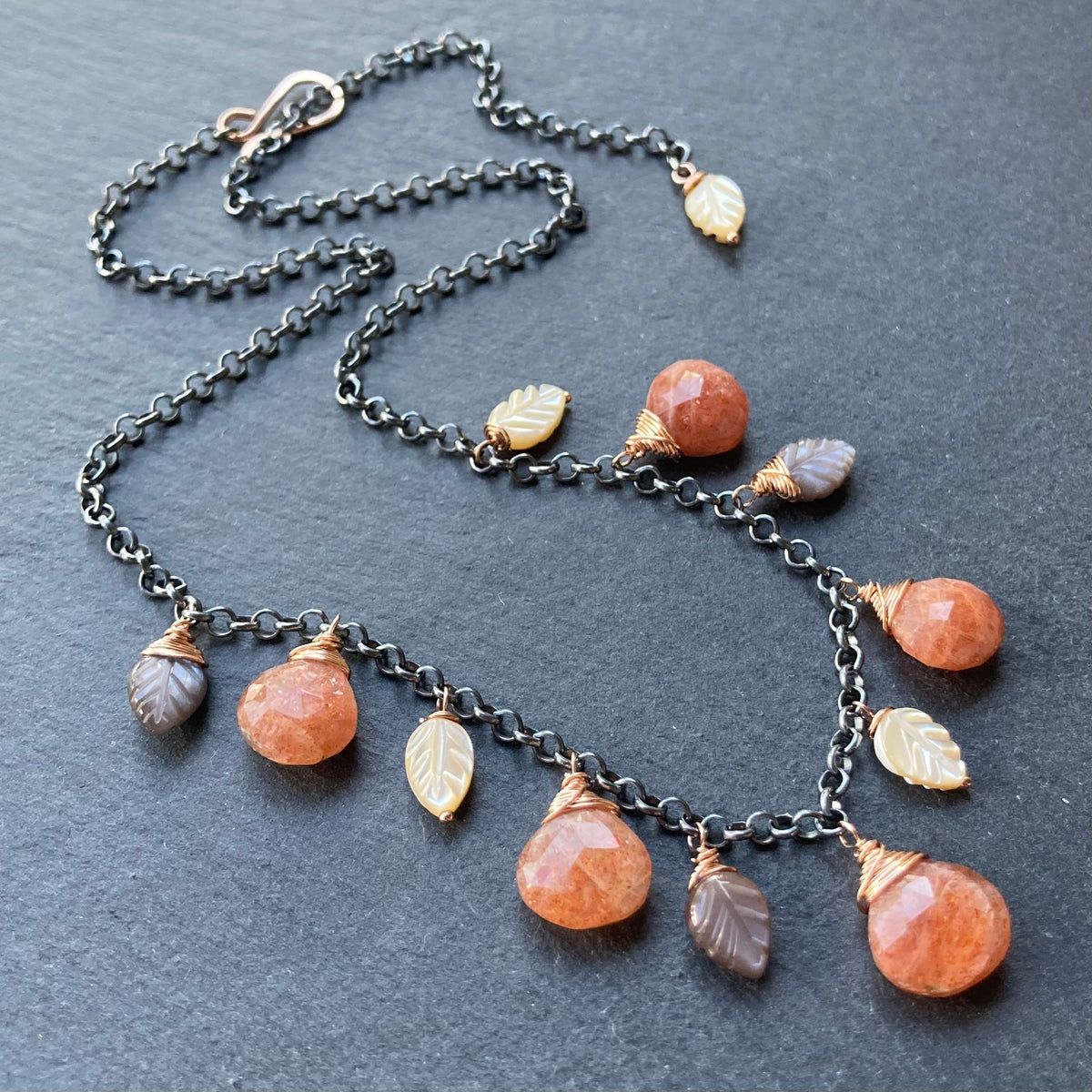 Sunstone, Chocolate Moonstone, Mother of Pearl & Mixed Metal Charm Choker
