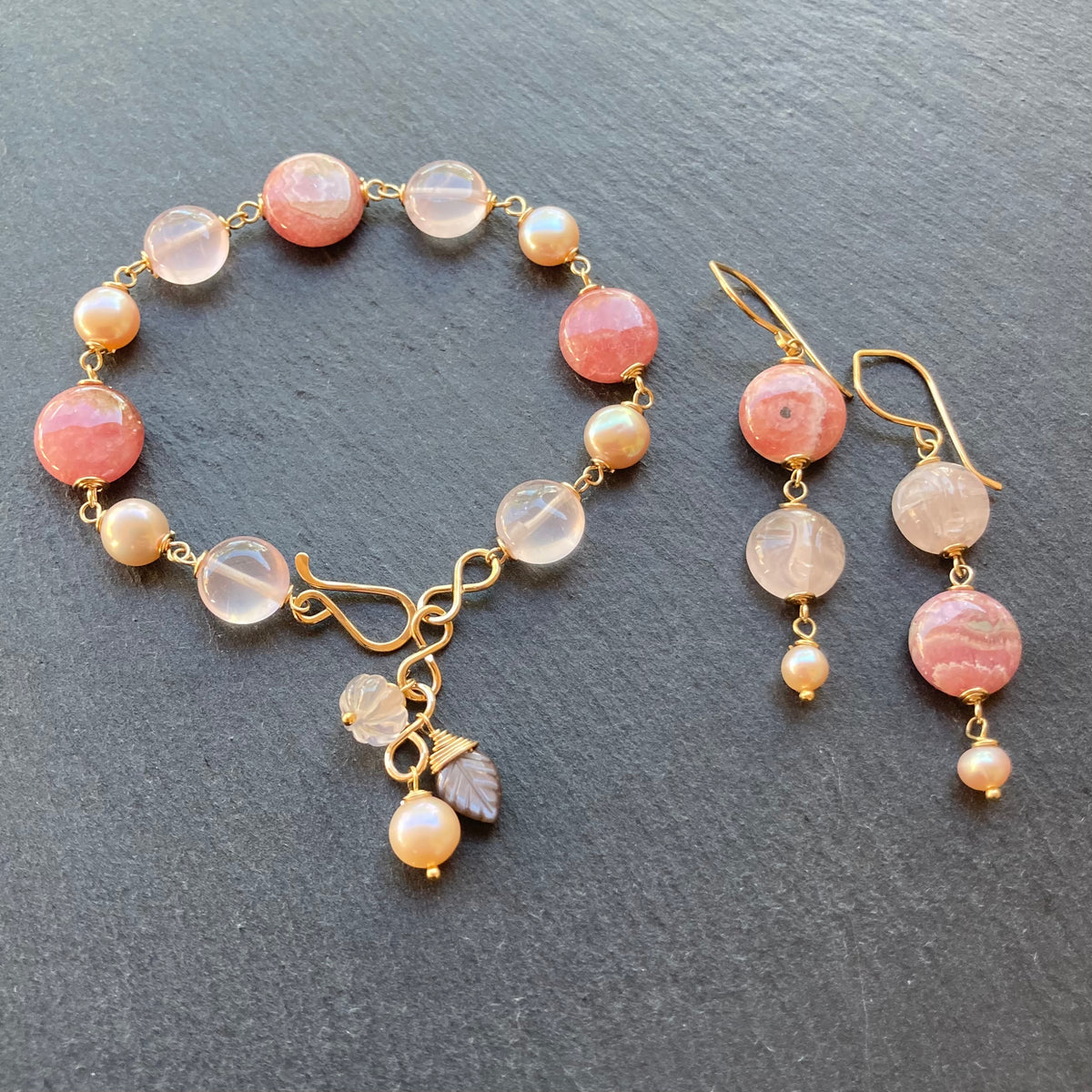 Rhodochrosite, Rose Quartz, Pearl & Gold Bracelet