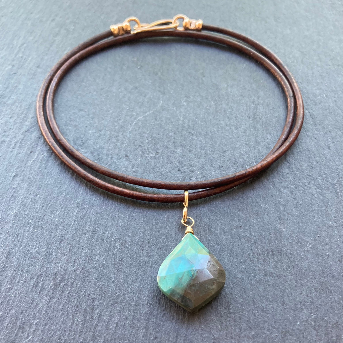Chrysocolla & Gold Leather Choker