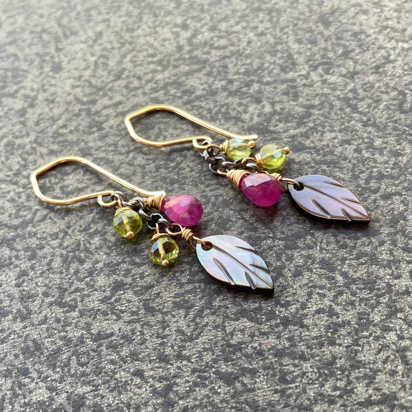 Black Mother of Pearl, Peridot, Ruby & Mixed Metal Cascade Earrings