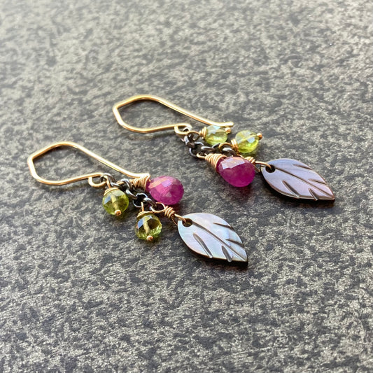 Black Mother of Pearl, Peridot, Ruby & Mixed Metal Cascade Earrings