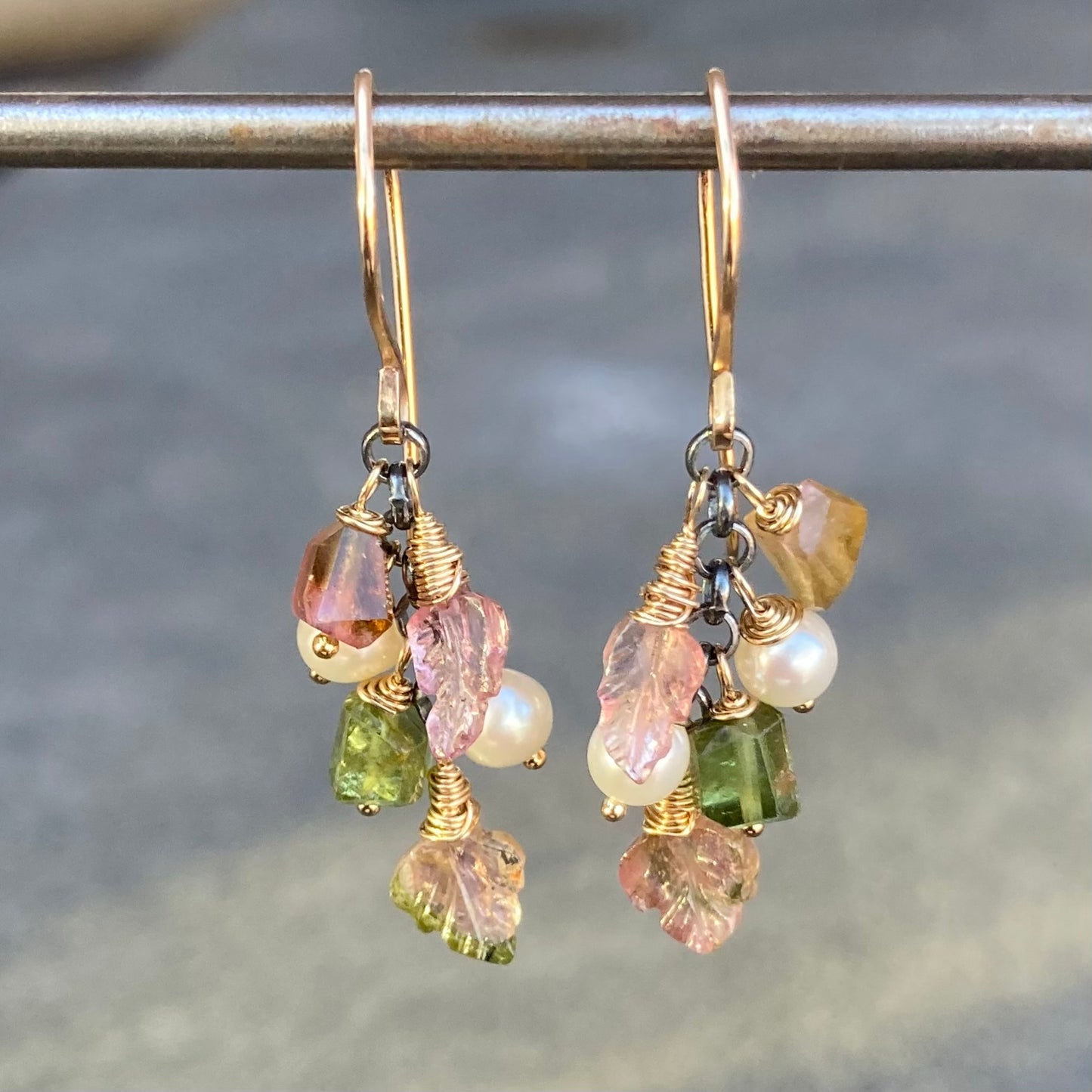 Watermelon Tourmaline, Freshwater Pearl & Mixed Metal Leaf Cascade Earrings