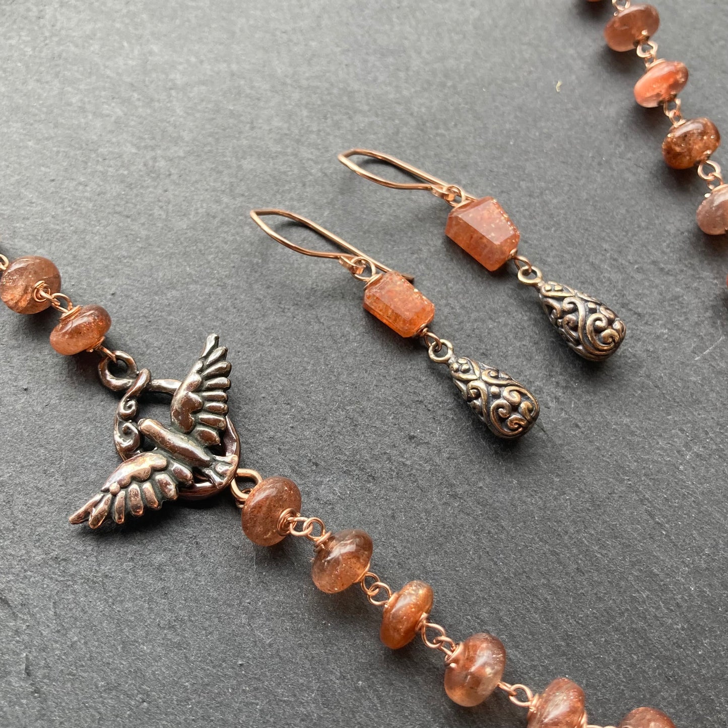 Sunstone, Rose Gold & Shibuichi Drop Earrings