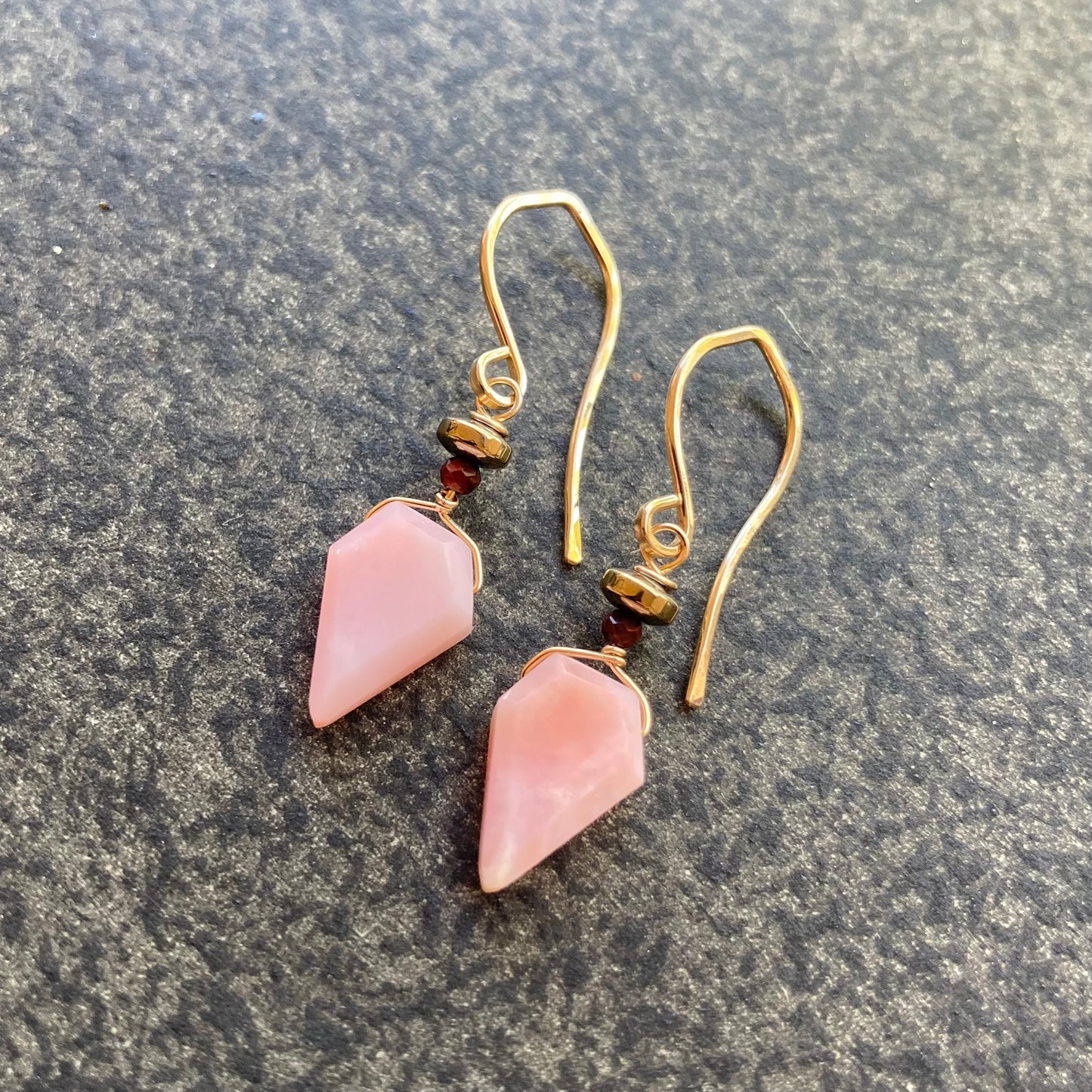 Peruvian Pink Opal, Pyrite & Gold Earrings