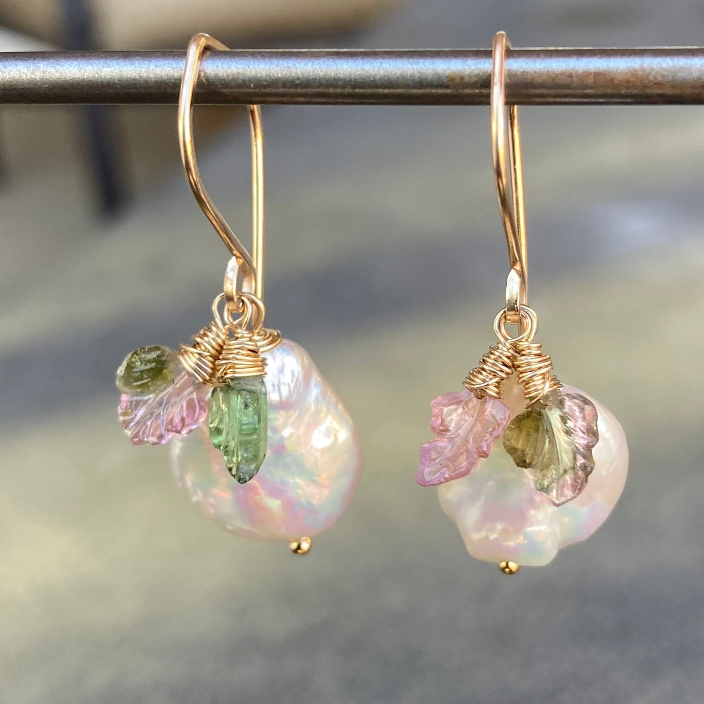 Watermelon Tourmaline Freshwater Coin Pearl & Gold Leaf Earrings