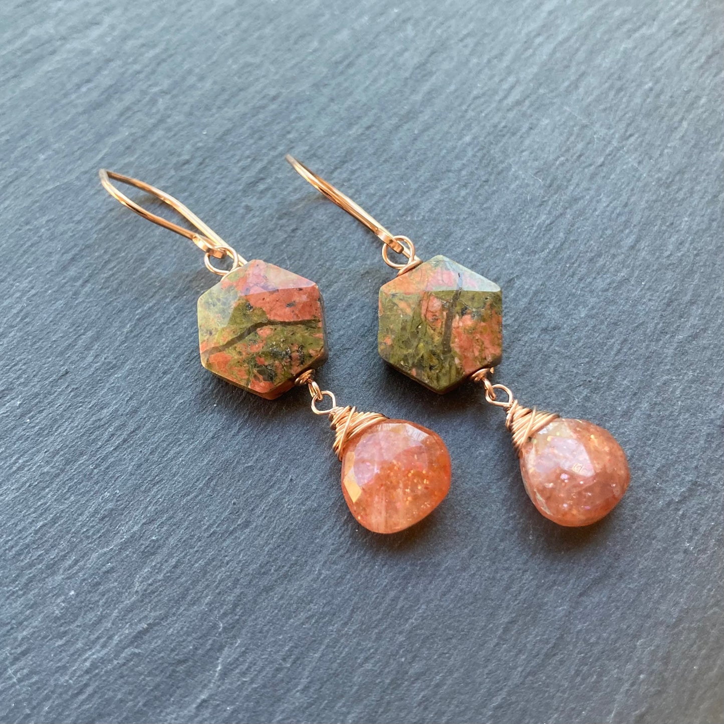 Unakite, Sunstone & Rose Gold Earrings