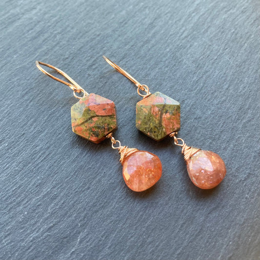 Unakite, Sunstone & Rose Gold Earrings