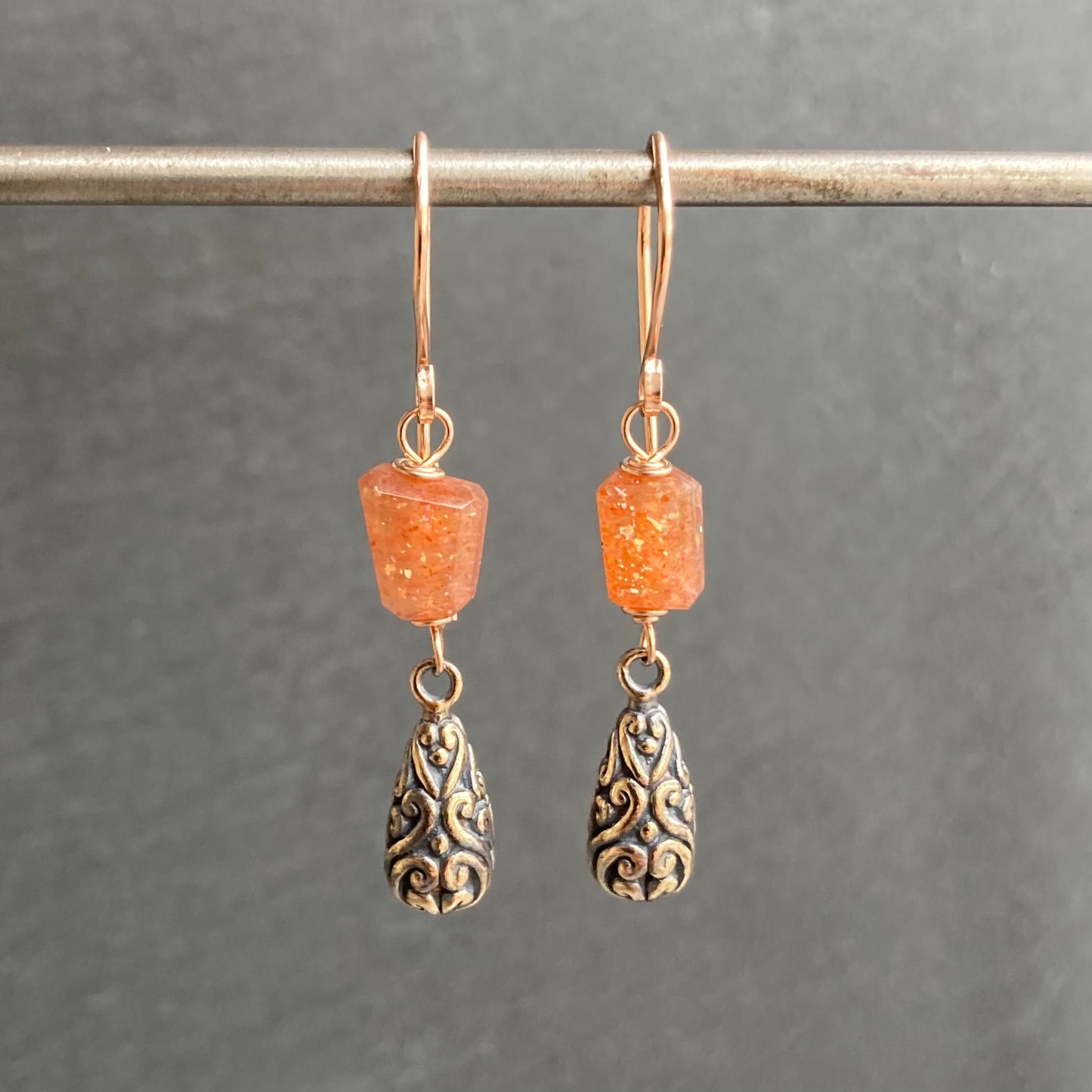 Sunstone, Rose Gold & Shibuichi Drop Earrings