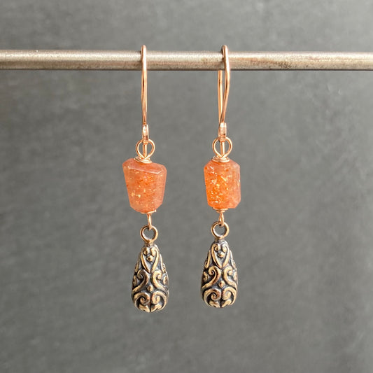 Sunstone, Rose Gold & Shibuichi Drop Earrings